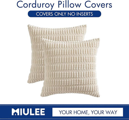 MIULEE Pack of 4 Corduroy Decorative Throw Pillow Covers 18x18 Inch Soft Boho Striped Pillow Covers Modern Farmhouse Home Decor for Sofa Living Room Couch Bed Cream White