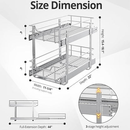 ZOINLIY Pull Out Cabinet Organizer, Versatile Slide Out Kitchen Organizers and Storage,Heavy Duty Drawer Cupboard Storage Basket, Smooth Sliding, Chrome Finish (2-Tiers-11¼''W×22“D)