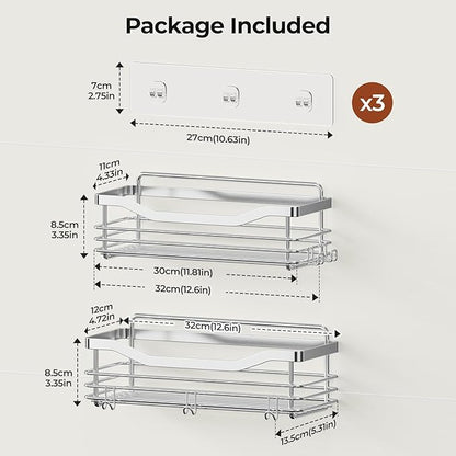 Orimade Shower Caddy Basket Shelf with 5 Hooks Adhesive Organizer Storage Rack Rust Resistant Wall Mounted Stainless Steel No Drilling for Bathroom, Toilet, Kitchen - 2 Pack