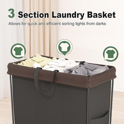 320L Laundry Hamper with Wheels, 3 Section Large Rolling Laundry Basket Bag with Wheels, Clothes Hamper Cart for Laundry, Bedroom, Bathroom and Dorm