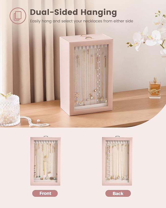 Lolalet Upgraded Double-Sided Hanging Necklace Organizer Box, Jewelry Display Case with Double-Sided Clear Window for Necklaces Bracelets, Tangle-Free Necklace Storage Box, Pink, 2-Layer 40 Hooks