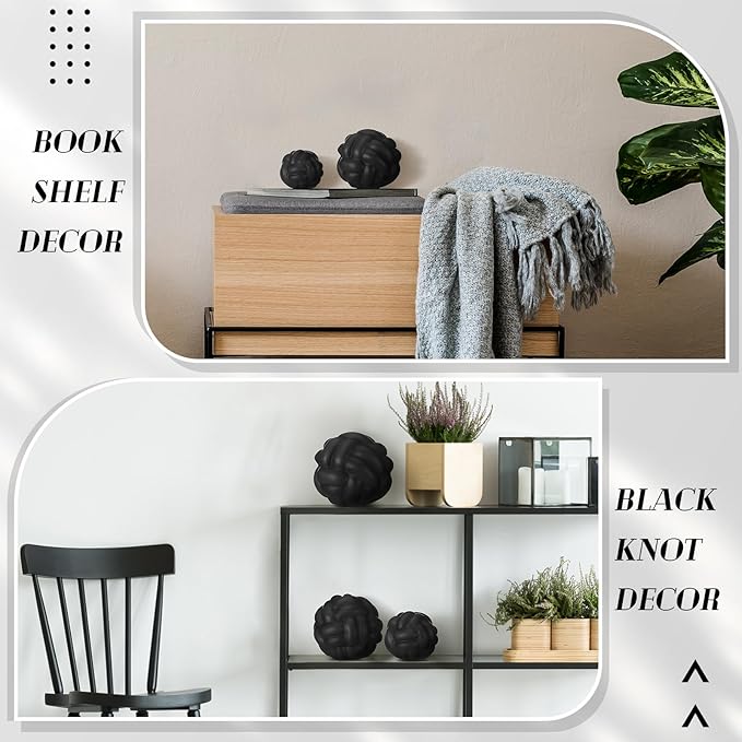 Wenqik 3 Pcs Knot Decor, Link Coffee Table Bookshelf Decor Accents, Ceramic Decorative Objects, Modern Home Minimalist Book Shelf Aesthetic Decoration, 3 Sizes (Matte Black)