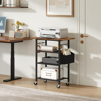MAHANCRIS 4-Tier Printer Stand, Rolling Printer Table on Wheels, Industrial Storage Stand with Side Pocket, Wooden Tabletop, 2 S-Shaped Hooks, for Home Office, Rustic Brown and Black PTHR2601