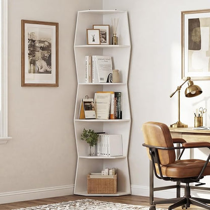 Vividwood Wavy Corner Shelf, Modern 6-Tier Irregular Wooden Corner Bookshelf, Narrow Tall Display Bookcase for Living Room, Bedroom