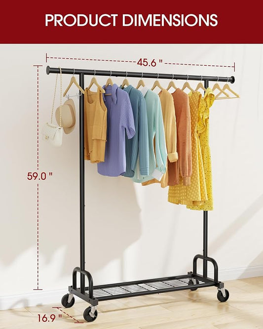 Sakugi Clothes Rack - Large-Capacity Clothing Racks for Hanging Clothes with Lockable Wheels, Space-Saving Metal Coat Rack for Bedroom, Laundry Room, Entryway, 45.6" x 16.9" x 59", Black
