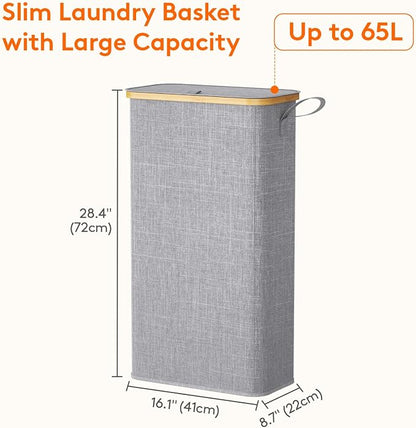 Lifewit 65L Slim Laundry Hamper with Lid, Narrow Laundry Basket with Removable Bag & Bamboo Handles, Fodable Thin Dirty Clothes Hamper for Laundry Collapsible Bin for Bathroom Bedroom Dorm, Gray