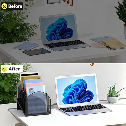 gianotter Desktop File Organizer, Desk Organizer with 5 Compartments, Paper Organizer for Desk, Workspace Organizers for Office Supplies (Black, Inclined Style)