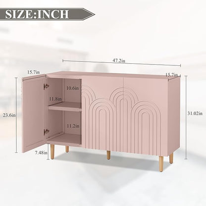 ARTPOWER 47" Accent Cabinet with Cloud Relief, Sideboard Buffet Cabinet with 3 Doors, Modern Decorative Credenza with Storage for Living Room, Kitchen, Dining Room, Hallway, Entryway, Pink