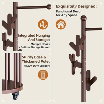 Uniclinens Freestanding Wooden Coat Rack with Umbrella Holder，Walnut Coat Rack with Hooks, Space-Saving Entryway Organizer for Hanging Clothes and Storing Towels, Bedroom, Living Room