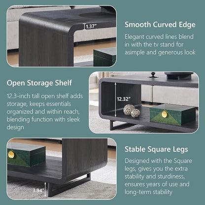 IFGET 48" Modern Coffee Table, 2-Tier Minimalist Center Table with Storage Shelf, Curved Profile Design, Wooden Rectangular Living Room Table w/Wood Thick Design for Living Room, Office, Dark Grey