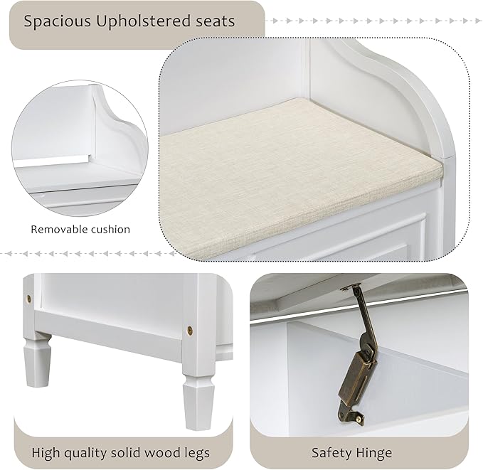 Bellemave Storage Bench with Safety Hinge Wooden Entryway Benches with Shoe Cabinets Under Seat Multifunctional Storage Bench for Entryway, Foyer or a Mudroom (White + Beige)