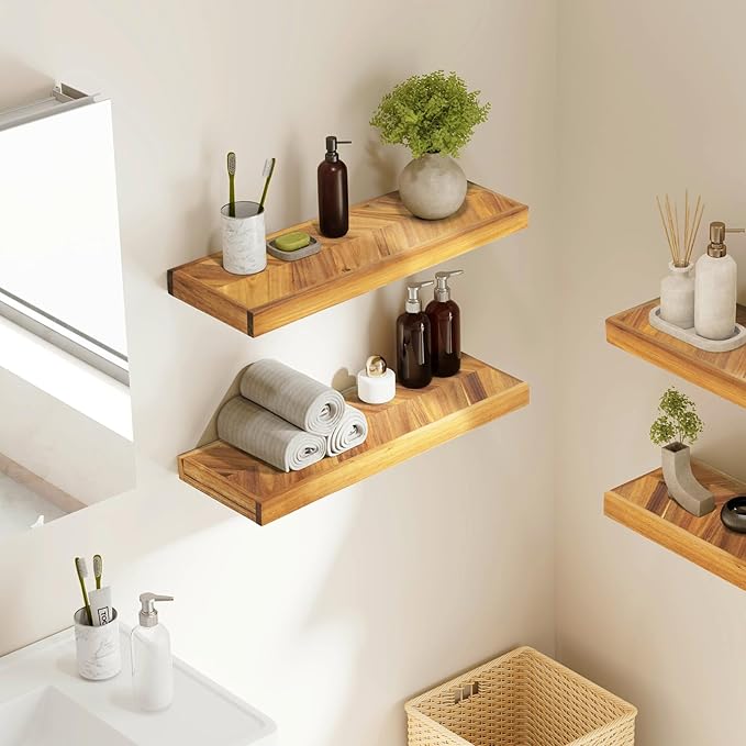 Howizz 36" Acacia Chevron Floating Shelves Set of 2 - Wall Mounted Wooden Shelf for Stylish Home Décor - Natural Color - 36x6.7x1.5 Inches