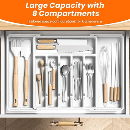 RoomHacks Large Silverware Organizer,Expandable Utensil Drawer Organizer,BPA Free Utensil Holder,Adjustable Silverware Tray Cutlery Drawer Organizer for Kitchen Flatware,Large,White,2 Pack