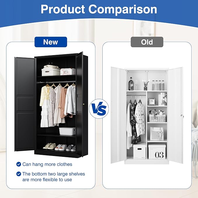 BYNSOE Metal Armoire Wardrobe Closet with 2 Doors 72'' Wardrobe Cabinet with Hanging Rail Metal Closet with Adjustable Shelves for Bedroom Require Assembly (Black, 72inch)