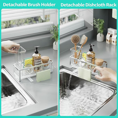 HapiRm Sponge Holder for Kitchen Sink - Self-draining Sink Caddy with Brush Holder and Dishcloth Holder, Stainless Steel Kitchen Organizer - Silver