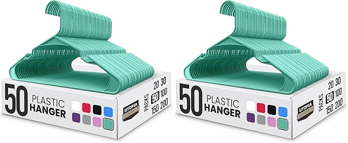 Utopia Home Plastic Hangers 100 Pack - Perfect Space Saving Clothes Hanger - Durable and Strong - Perfect Closet Organizers with Shoulder Grooves (Aqua)