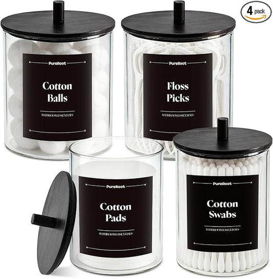 Glass Qtip Holder Dispenser Set - 15oz & 10oz Cotton Swab Holder with Black Wooden Lids, Bathroom Canisters Apothecary Jar Vanity Storage Organizer for Cotton Balls, Floss Picks (4 Pack)