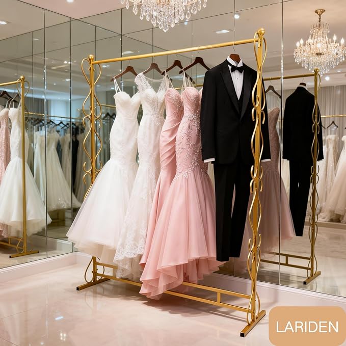 81"Tall Gold Clothing Rack for Hanging Long Dresses Clothes, Garment Racks Wedding Dress Display Stand Shoes Bags Clothes Scarf Organizer Freestanding Garment Rack for Retail Studio Wedding Dress