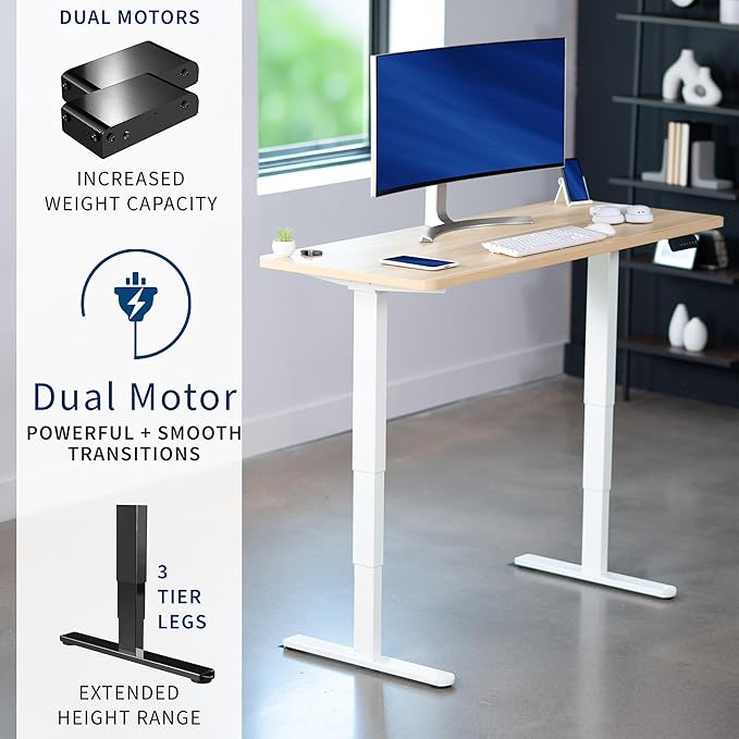 VIVO Electric 60 x 24 in Dual Motor Sit Stand Desk, Memory Height Adjustment, 2B Series, Light Wood Top White Frame, DESK-KIT-2W6C