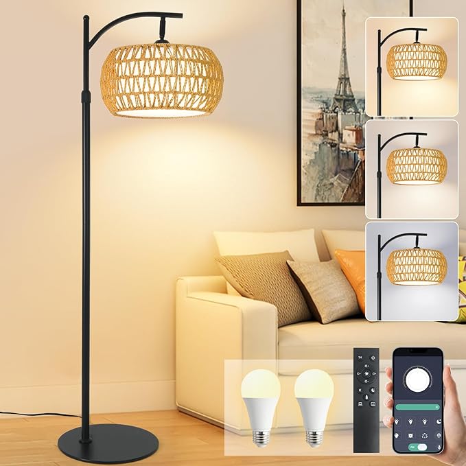 Boho Rattan Floor Lamp with Shade – 12W Bright Dimmable LED Bulb, Remote Control 3 Color Temperatures, Modern Farmhouse Handwoven Arc Standing Light for Living Room Bedroom