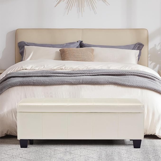 41" Storage Ottoman Bench, Faux Leather Storage Foot Rest with Safety Hinge, Load up to 660 lb Upholstered Tufted Entryway Bench with Seating for Living Room, Bedroom, Beige