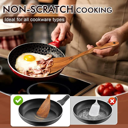 Wooden Spoons for Cooking, 9 Pcs Natural Teak Wooden Utensil Set with Spoon Rest, Comfortable Grip Wooden Cooking Utensils Set with Holder for Nonstick Cookware, Sturdy, Lightweight & Heat Resistant