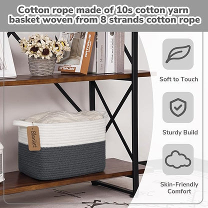 Goodpick Woven Storage Basket for Shelves, Baskets for Organizing, Cotton Rope Baskets with Handles, Rectangle Basket for Baby Toy Storage, 13 x 10 x 9 Inches, White & Dark Gray