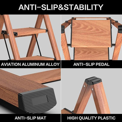 3 Step Ladder, Aluminum Folding Step Stool with Anti-Slip Sturdy and Wide Pedal, Lightweight Portable Stepladder for Home and Kitchen Use Space Saving, Woodgrain, 330 lbs