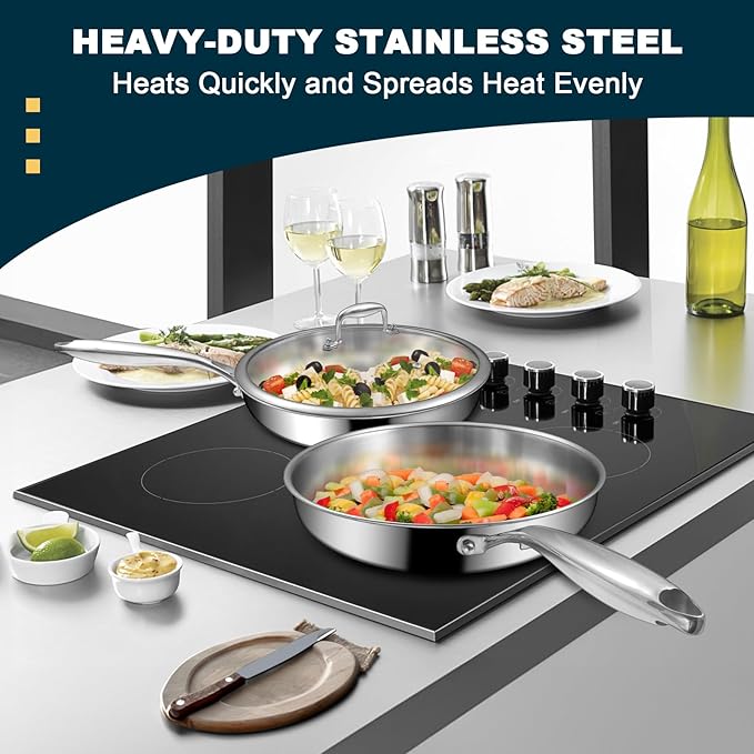 Tri-Ply Stainless Steel Frying Pans Set with Lid, EWFEN 8”/10”/12” Cooking pans, PFOA&PTFE Free Skillet, Induction Cooking Pan, Dishwasher and Oven Safe, Fast & Even Heat, Suitable for All Stove