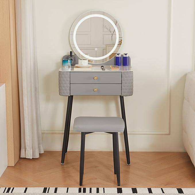 Makeup Vanity with Round Mirror,Light,Two Drawers,Cushioned Stool Set.Small Dressing Table for bedrooms and Dressing Rooms.Grey