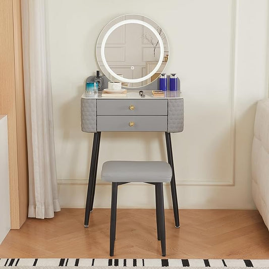 Makeup Vanity with Round Mirror,Light,Two Drawers,Cushioned Stool Set.Small Dressing Table for bedrooms and Dressing Rooms.Grey