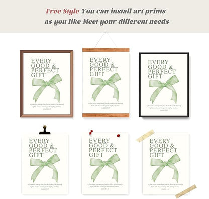 LARTSFRO Coquette Sage Green Bow Wall Art Decor Posters, Sage Green Bow Room Bedroom Bathroom Wall Art Decor Aesthetic for Teen Girls Gifts, Inspirational Bible Verses Bow Wall Decor, 12x16 Inch Set of 4 Bow Pictures Unframed