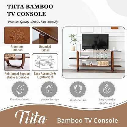 Tiita Wooden TV Stand for 65 Inch TV, Modern Media Console Table with 3-Tier Storage Shelves, Long Entertainment Center for Living Room, Walnut TV Stand with Open Display Rack