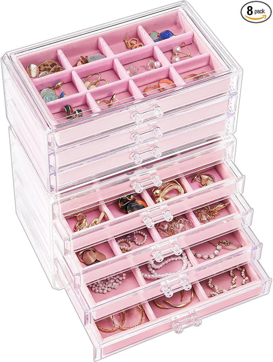 ProCase Earring Holder Organizer Jewelry Box with 8 Drawers, Acrylic Clear Earring Case with Adjustable Velvet Trays for Women - Pink, 8 Layers