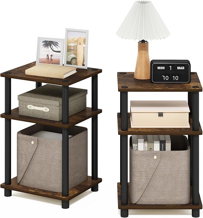 Furinno JUST Side Table Set of 2, 3-Tier Modern End Tables, Open Shelves Night Stand, Nightstand Set, Toolless Assembly, for Living Room, Bedroom, Amber Pine