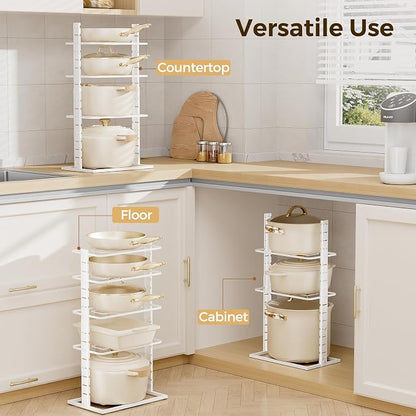 LAMU Pots and Pans Organizer Under Cabinet, 5 -Tier Dual-Pillar Design | Adjustable All-Metal Rack Stores Pots, Pans And Lids in Cabinets, on Countertops or Under Sinks, Holding Up to 55 Lb Black