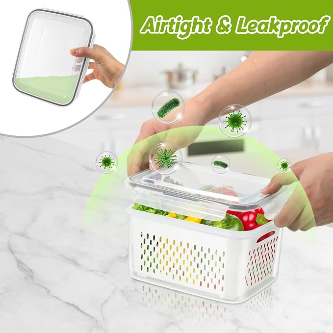6 Pieces Large Fruit Produce Storage Containers for Fridge Keep Fresh, 3 PackLettuce Keeper with Colander, BPA-Free Plastic Berry Containers Vegetables Saver Refrigerator Organizer