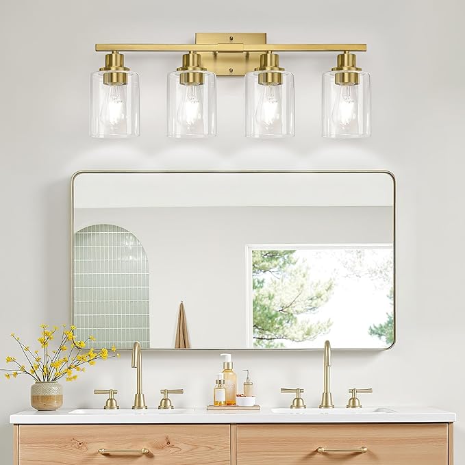 4-Light Bathroom Light Fixtures, Vanity Light with Clear Glass Shades, Brushed Gold Bathroom Light Fixtures Over Mirror, Modern Bathroom Wall Lamp for Mirror Living Room Cabinet Bedroom