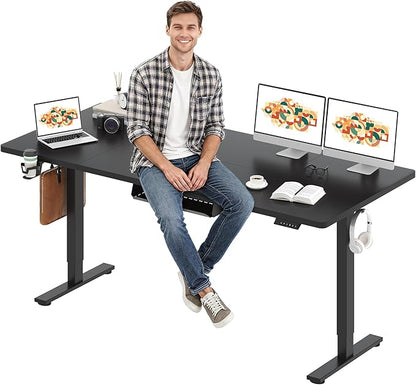 SANODESK Electric Standing Desk 79 x 32 Inches Height Adjustable Stand Up w/6-Button Ergonomic Computer Desk with Splice Board for Home Office, Black Frame + Black Tabletop