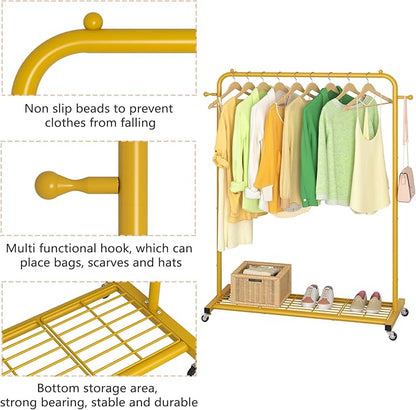 Sywhitta Clothes Rack on wheels, Clothing Rack with Bottom Mesh Storage Shelf,Sturdy Metal Frame,Rolling Garment Rack for Hanging Clothes,Coats,Skirts,39.76" L x 16" W x 64.56" H,Golden
