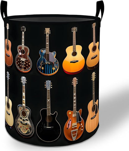 Guitar Laundry Basket Hamper 19.7"x15.8", Music Foldable Waterproof Oxford Clothes Storage Bucket for Room Bathroom Bedroom Nursery Decor, Toy Organizer Bins Gifts for Kids Boys Girls