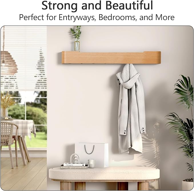 Coat Rack Wall Mount with Hidden Hooks Modern Key Holder Wood Entryway Hook with Shelf for Bedroom Kitchen Hallway Bathroom Designed for Hanging Coats Hats Bags Towels Dog Leashe(Oak,8 Hooks)