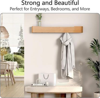 Coat Rack Wall Mount with Hidden Hooks Modern Key Holder Wood Entryway Hook with Shelf for Bedroom Kitchen Hallway Bathroom Designed for Hanging Coats Hats Bags Towels Dog Leashe(Oak,8 Hooks)