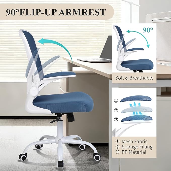 Flysky Ergonomic Office Chair, Mesh Home Office Desk Chair with Flip-up Arms and Lumbar Support, Height Adjustable, Swivel, White & Blue
