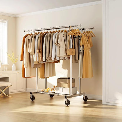 HYSEYY Heavy Duty Clothes Rack, Rolling Clothing Rack for Hanging Clothes with Shelves Load 700LBS,Portable Garment Wardrobe Closet Rack with Wheels for Bedroom,Laundry Room,Retail Store,Silver