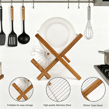 HTB Dish Drying Rack 2 Tier,Collapsible Stainless Steel & Teak Wood Dish Drying Rack,Foldable Dish Drainer for Plates,Cups,Kitchen Counter,Home,Apartment