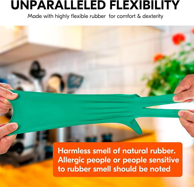 Vgo... 1-Pair Reusable Household Gloves, Rubber Dishwashing gloves, Extra Thickness, Long Sleeves, Kitchen Cleaning, Working, Painting, Gardening, Pet Care (Size XL, Green, HH4601)