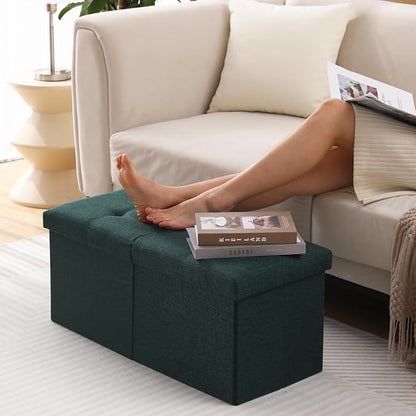 Storage Ottoman Bench Foldable Seat Footrest Shoe Bench End of Bed Storage with Flipping Lid, 75L Storage Space, 30 inches Linen Fabric Emerald, OT026DGN