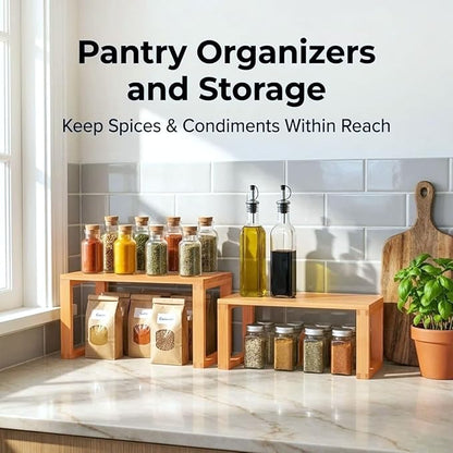 JinDoWin Bamboo Kitchen Cabinet Organizer Shelf | Stackable & Expandable Shelf Organizer | Pantry organizers and storage | Spice Rack Organizer for Cabinet, Holds Dishes & Tableware (2, W11.8″)