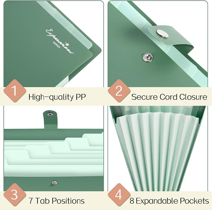 Sooez Elegant Accordion File Organizer, 8 Pocket Expanding File Folders with Labels, Portable Folder for Documents, Cute Paper Organizer for School Office Supplies, Letter Size, Dark Green